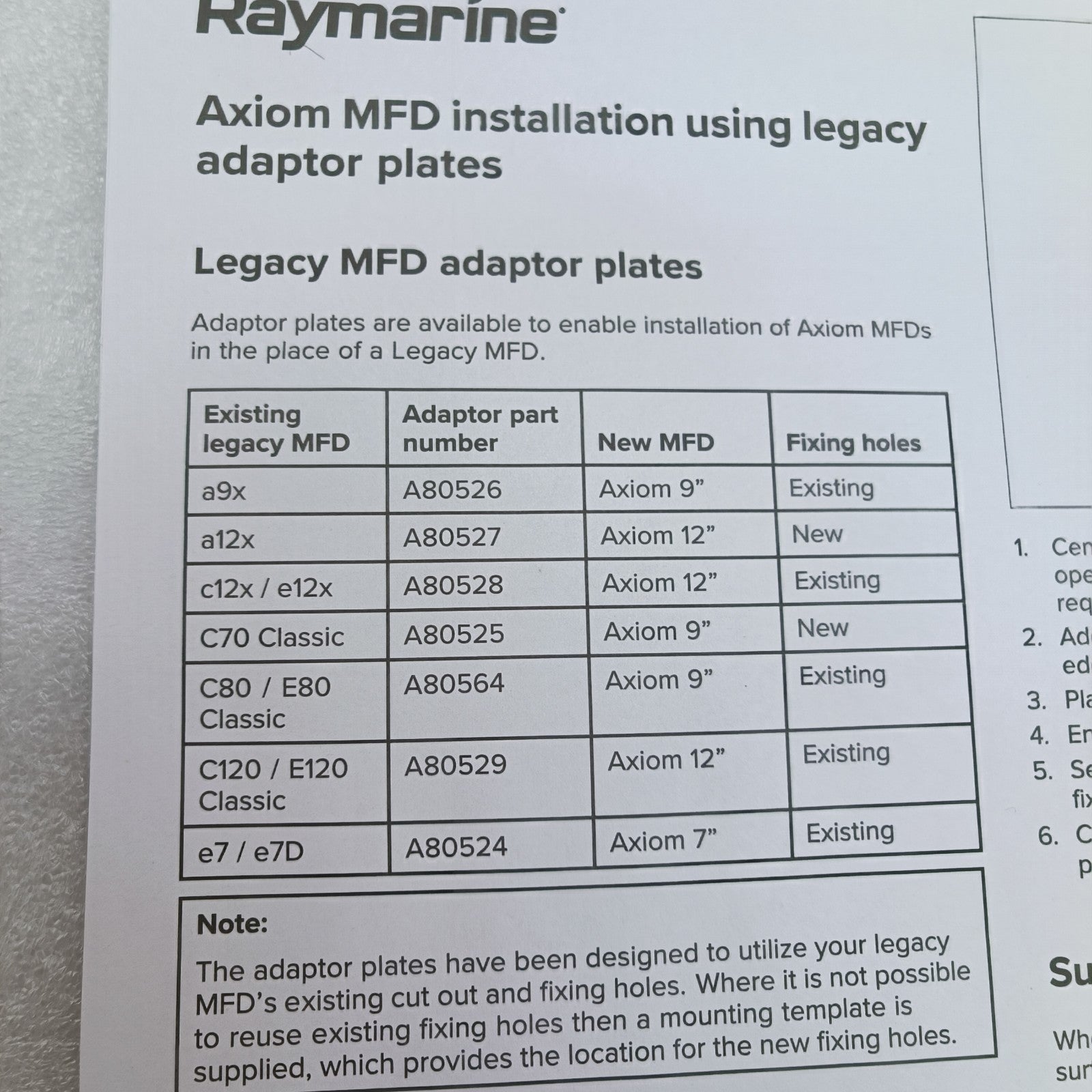 Raymarine C12x/e12x to Axiom Adapter Plate to Existing Fixing Holes A80528 UPC6