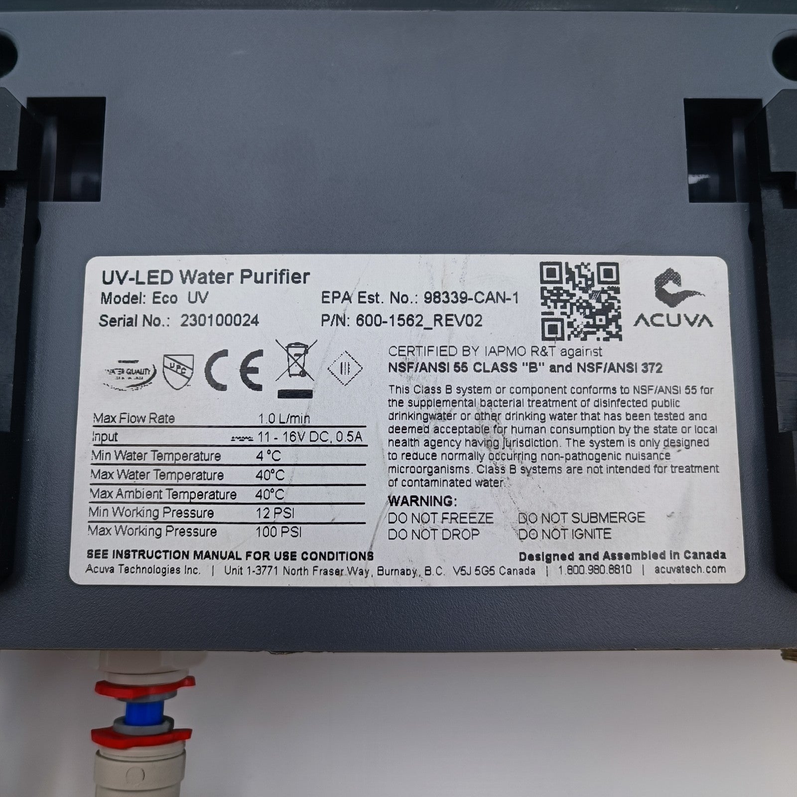 Acuva Eco UV-LED Water Purifier 12V DC UV Water Sterilizer Marine Boat RV3